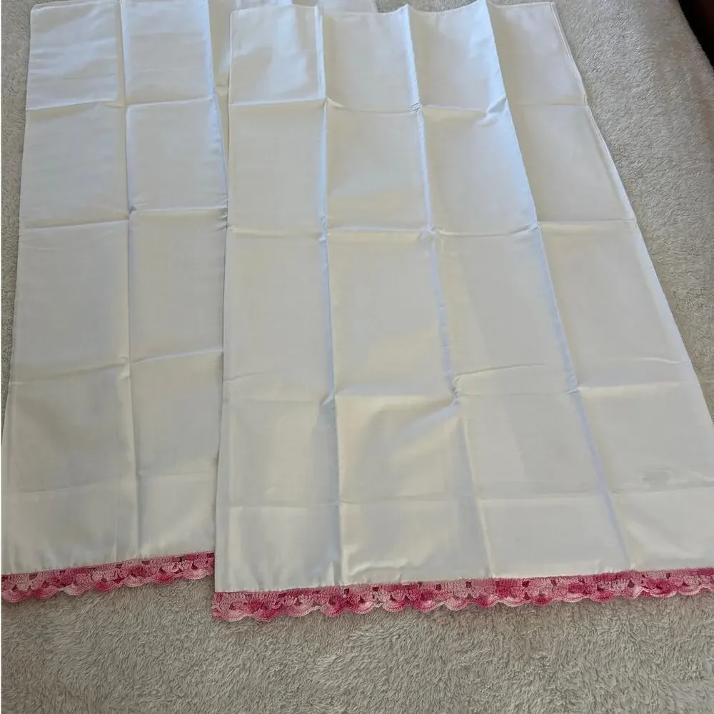 Vintage Pillow Cases 42x36 White Pink Crochet Trim Strong Muslin Cottagecore